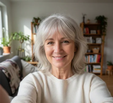 frau ab 50 mit weißem haar und curtain bangs