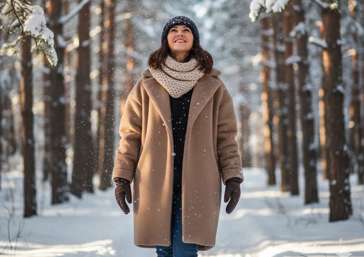 frau im winter mit braunem mantel