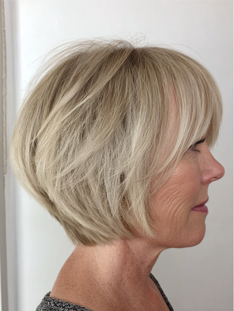 frau mit frechem bob mit pony, hinten kurz, gestuft, blondes haar