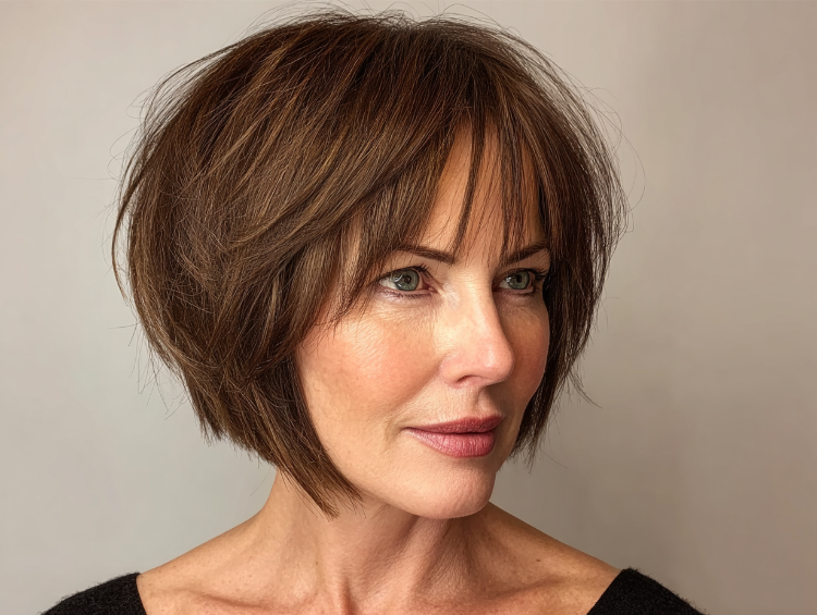 frau mit frechem bob mit pony, hinten kurz, gestuft, braunes haar