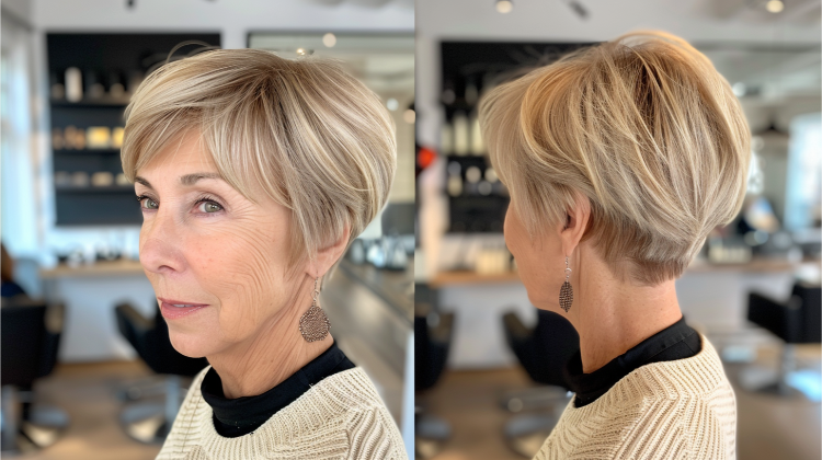 frau mit frechem bob mit pony, hinten kurz, gestuft