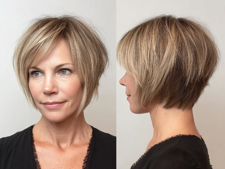 frau mit frecher bob frisur, kurz, gestuft, blondes haar