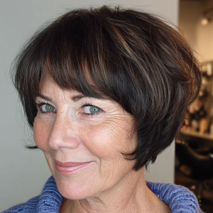 frau mit frecher bob frisur, kurz, gestuft, dunkles haar