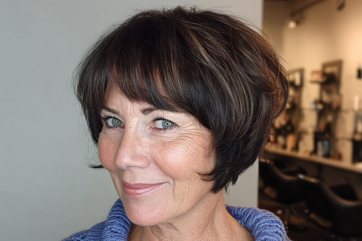 frau mit frecher bob frisur, kurz, gestuft, dunkles haar