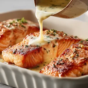 frisch gebackener lachs – überzogen mit aromatischer butter sahnesauce