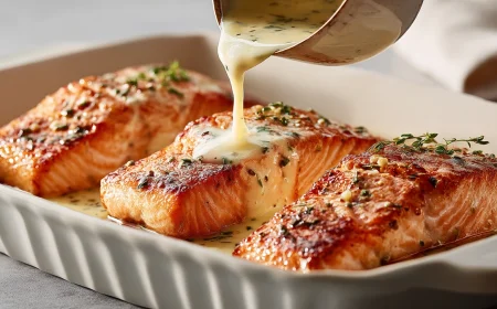 frisch gebackener lachs – überzogen mit aromatischer butter sahnesauce