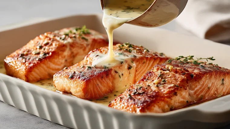 frisch gebackener lachs – überzogen mit aromatischer butter sahnesauce