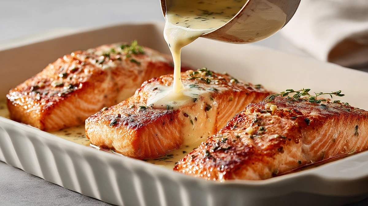 frisch gebackener lachs – überzogen mit aromatischer butter sahnesauce