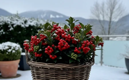 fruchtskimmie im topf rote beeren als winterlicher blickfang