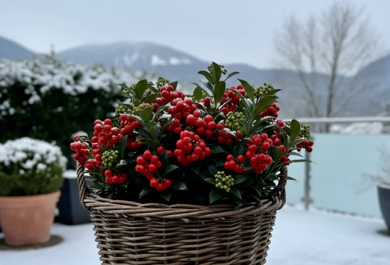 fruchtskimmie im topf rote beeren als winterlicher blickfang