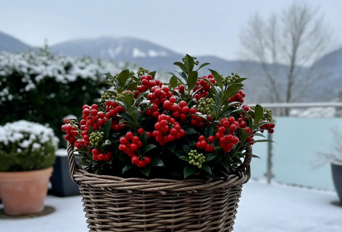 fruchtskimmie im topf rote beeren als winterlicher blickfang