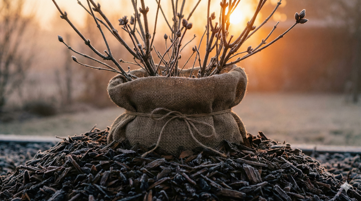 hortensie als hochstamm mit jute schutz im winter