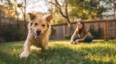 Hund spielt im Freien im Garten