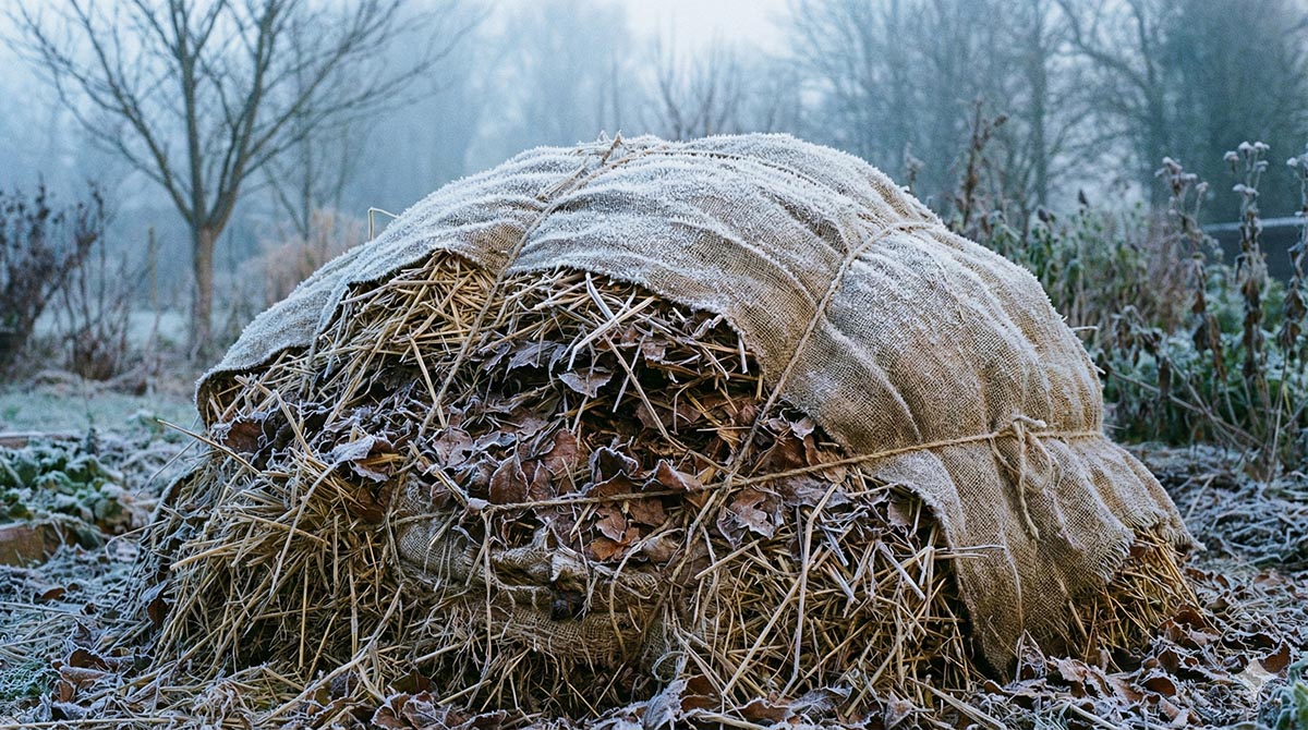im winter isolierter komposthaufen mit stroh und laub eine dicke isolationsschicht aus laub, stroh oder jute schützt den kompost vor starkem wärmeverlust