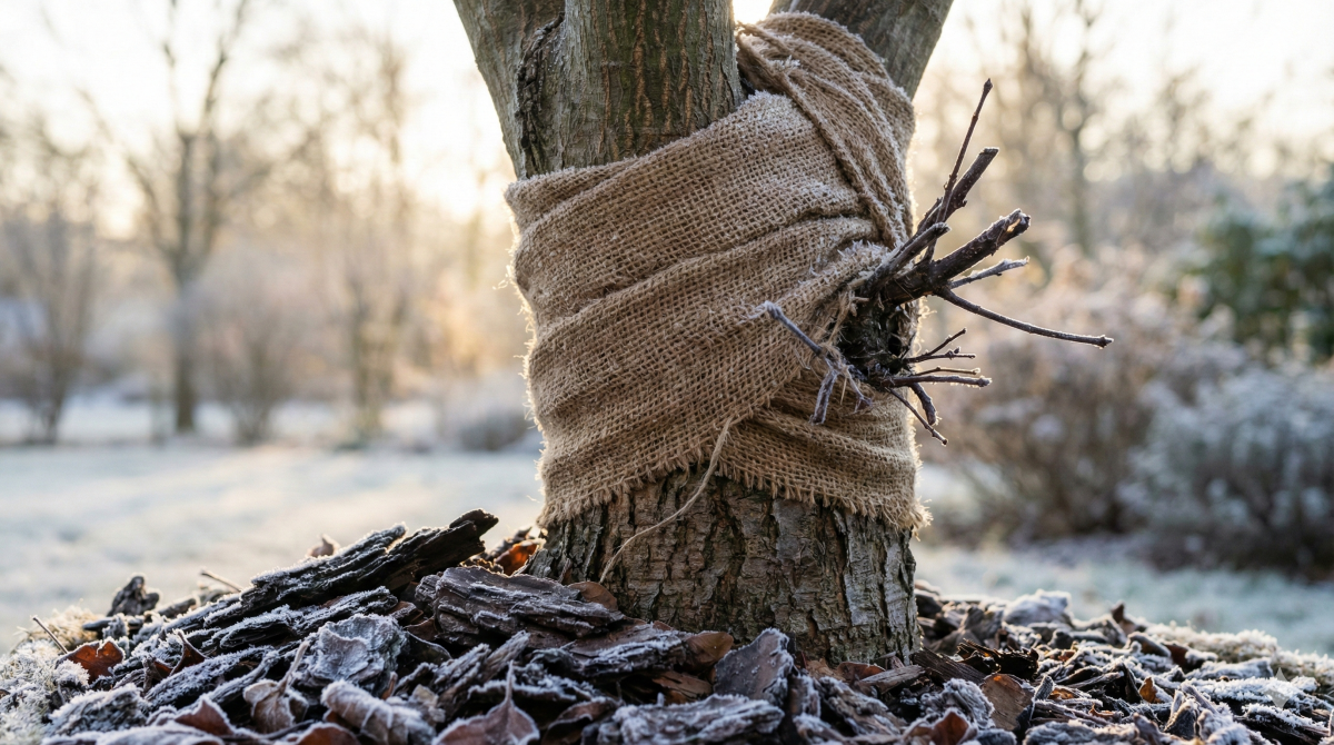 japanischer ahorn mit winterschutz aus jute und mulch