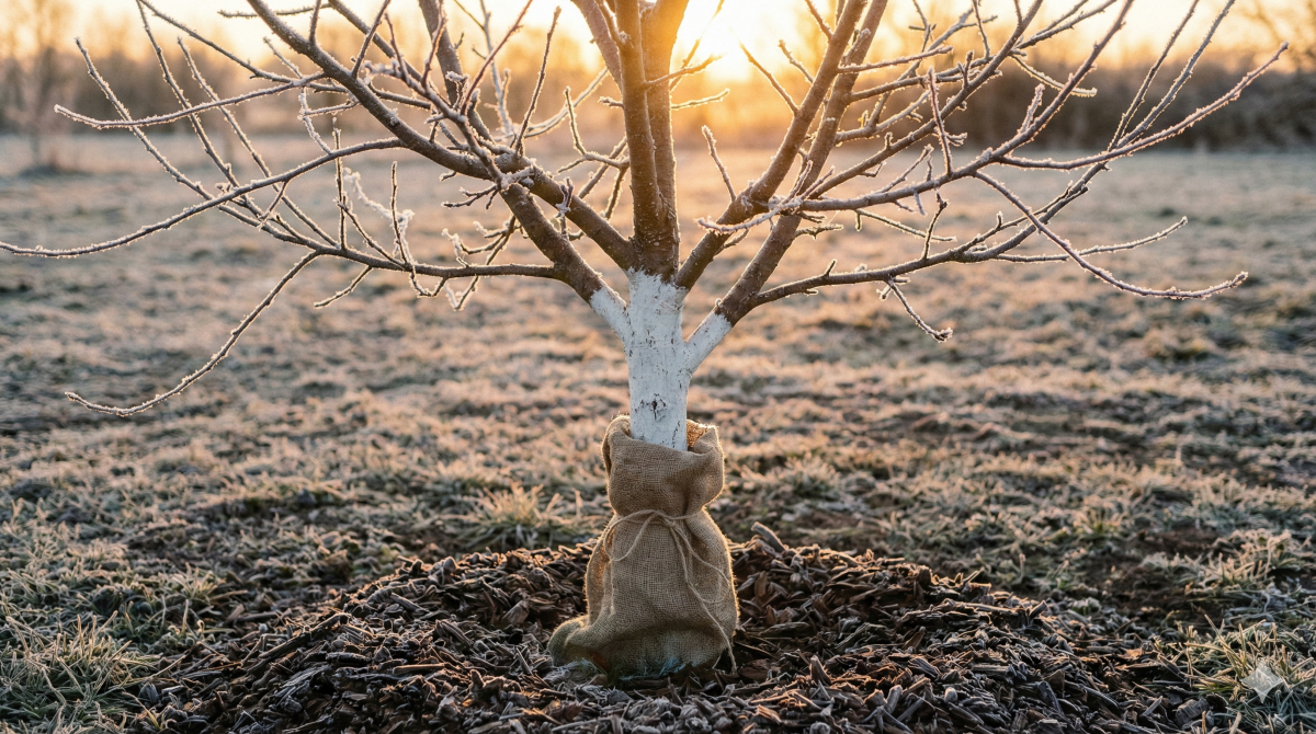 junger obstbaum mit weißanstrich, juteschutz und mulch im winter