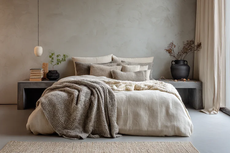 Kaschmirdecke im eleganten luxuriösen Schlafzimmer