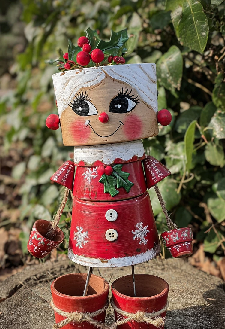 kreative weihanchtsdeko für den garten aus tontöpfen