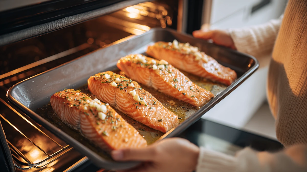 lachsfilets vor dem backen – mit knoblauch, kräutern und zitrone mariniert