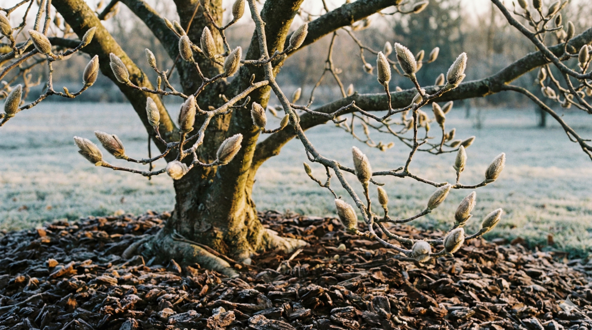 magnolienbaum im winter mit mulch und frostigen knospen