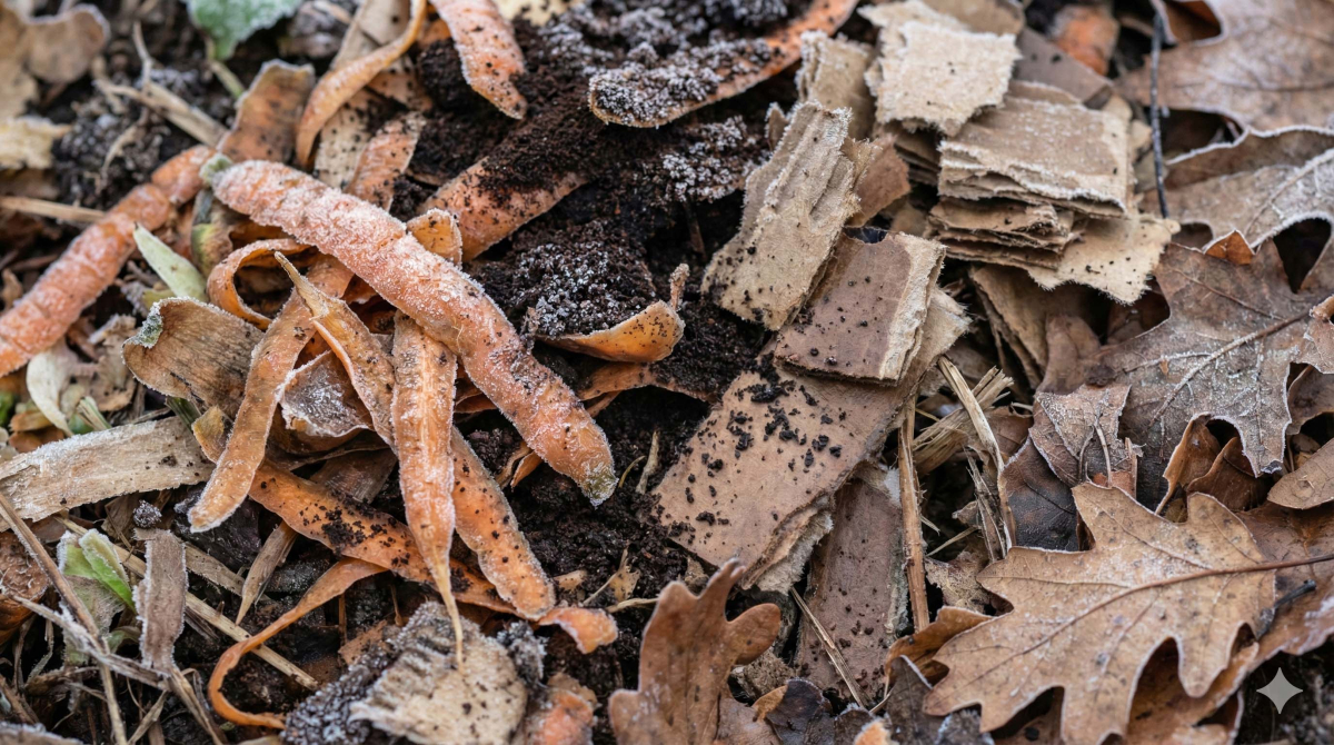 mischung aus küchenabfällen, laub und karton im winterkompost ein ausgewogenes verhältnis von grün und braunmaterial verhindert fäulnis und hält den kompost strukturiert