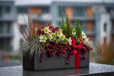 moderne winterbepflanzung mit christrose und roten akzenten