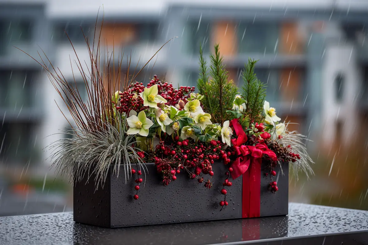 moderne winterbepflanzung mit christrose und roten akzenten