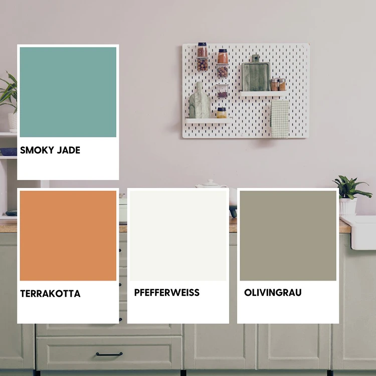 Olivingrau, Pfefferweiß, Terrakotta und Smoky Jade für die Küche