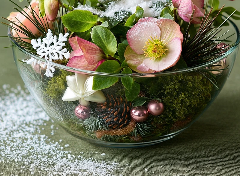 pink blühende christrose in der glasschale