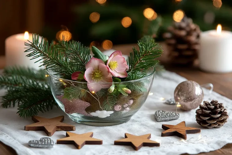 rosafarbene christrose in flacher glasschale mit tannengrün und kleinen weihnachtssternen