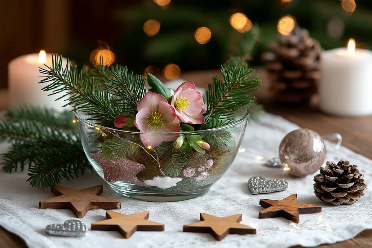 rosafarbene christrose in flacher glasschale mit tannengrün und kleinen weihnachtssternen