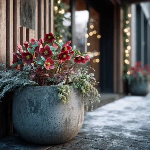 rote christrose im kübel am hauseingang im winter