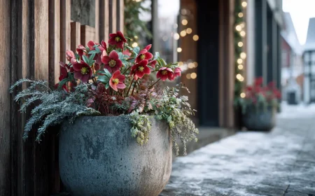 rote christrose im kübel am hauseingang im winter