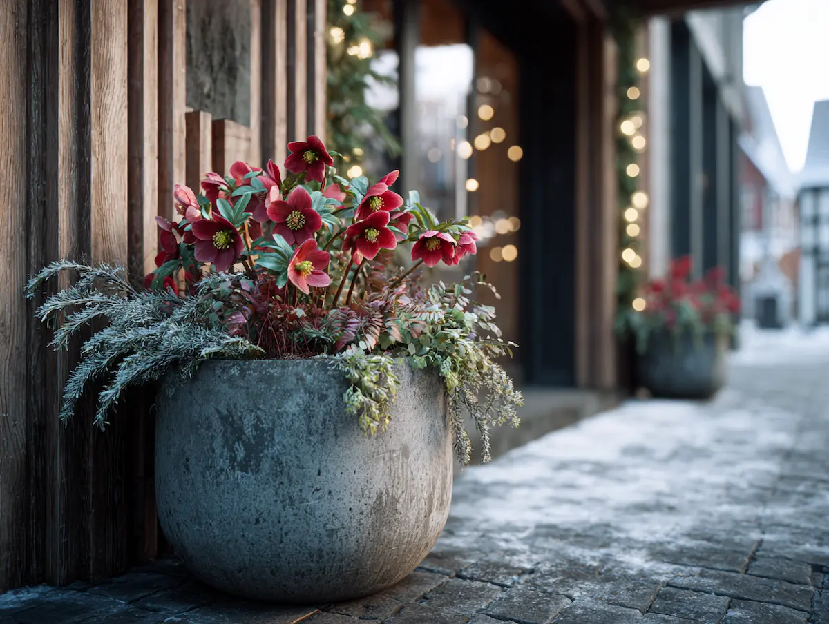rote christrose im kübel am hauseingang im winter