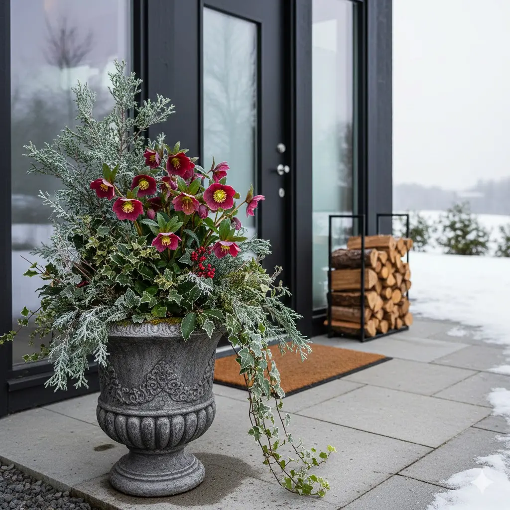 rote christrose mit efeu und zweigen am hauseingang modern