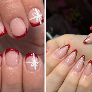 rote french nägel mit glitzer