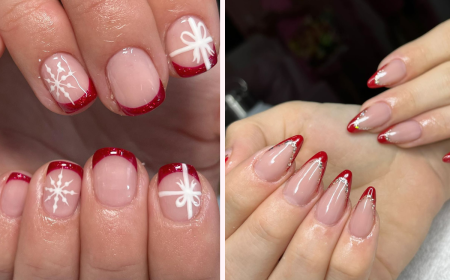 rote french nägel mit glitzer