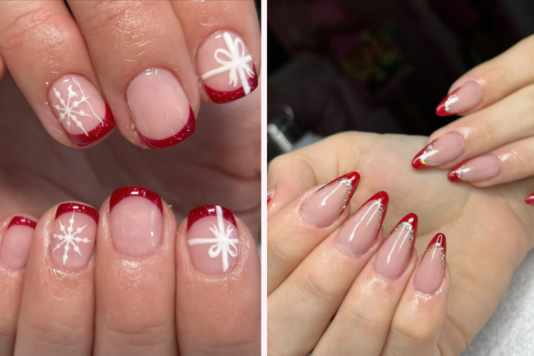 rote french nägel mit glitzer