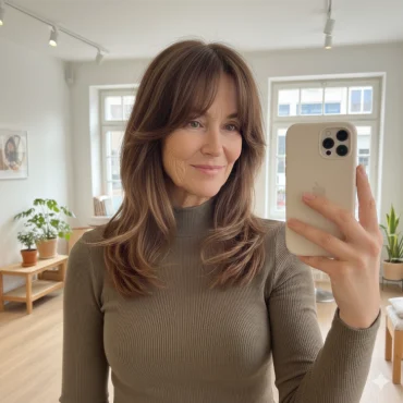 stilvolle frau über 50 mit langen braunen haaren und curtain bangs