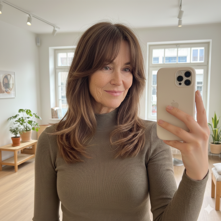 stilvolle frau über 50 mit langen braunen haaren und curtain bangs