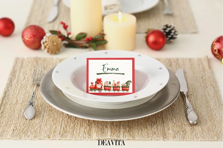 Tischkärtchen mit Wichteln und Lokomotive