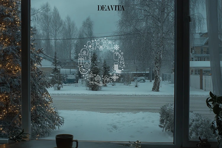 Verspielter Weihnachtskranz aus Kreidemarkern mit Weihnachtsbildern für Kinderzimmer