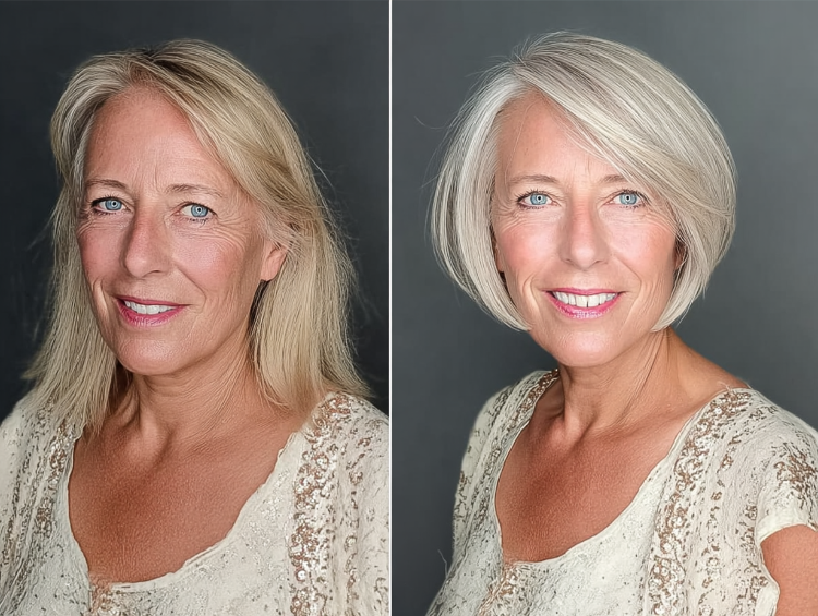 vorher nachher foto einer frau mit frechem bob haarschnitt, hinten kurz, gestuft, blond