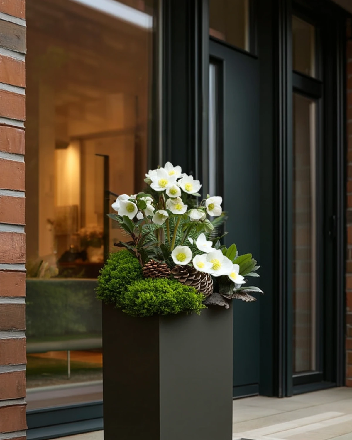 weiße christrose mit kieferzapfen im hohen modernen pflanzkübel