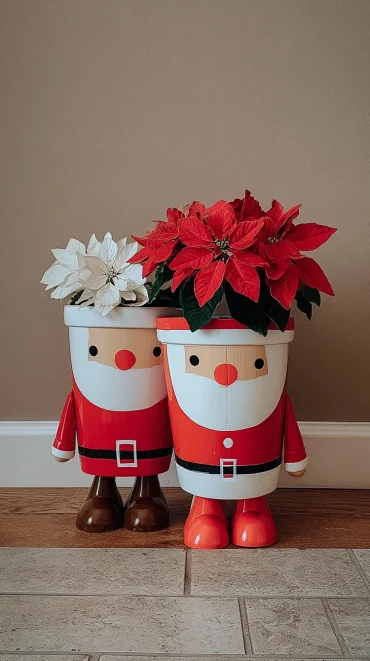 weißer und roter weihnachtsstern in tontöpfen als weihnachtsmann und mrs santa