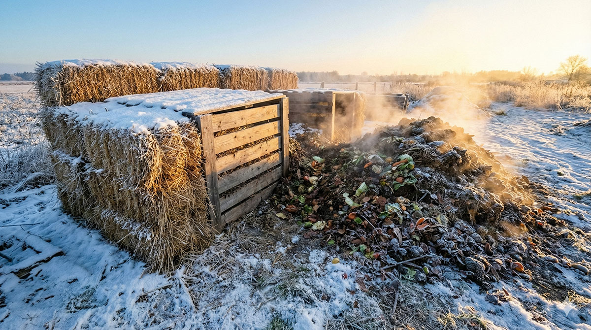 winterlicher kompostbereich im garten frühjahr 