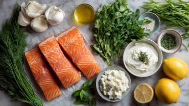 zutaten für cremigen ofenlachs – frische kräuter, lachsfilets und sahne