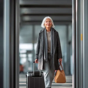 ältere frau am flughafen mit gepäck