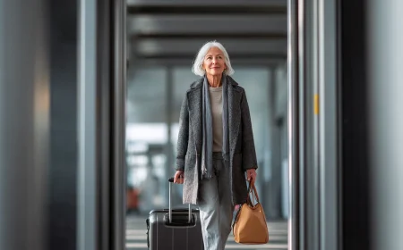 ältere frau am flughafen mit gepäck