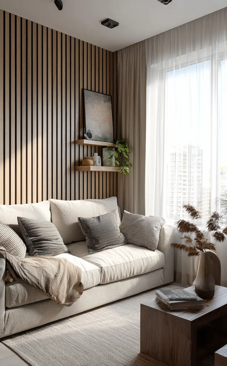 akzentwand aus holzpaneelen im wohnzimmer hinter dem sofa